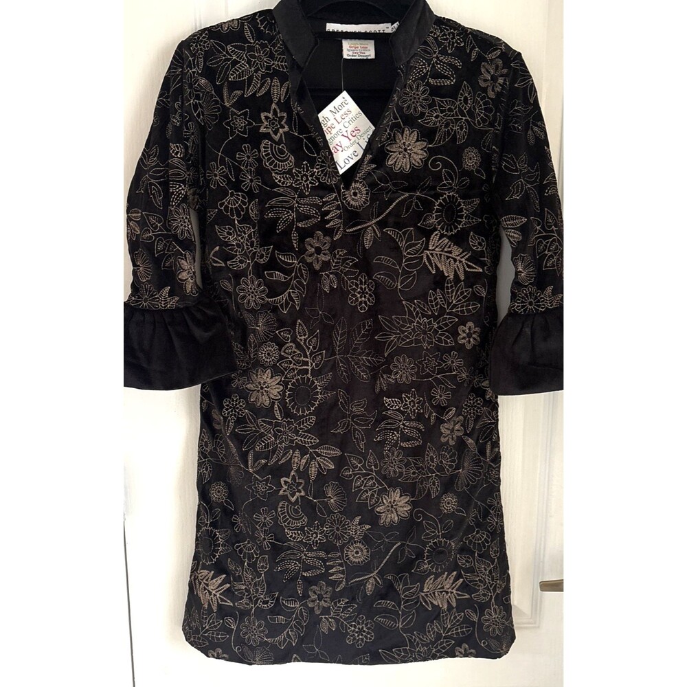 NWT Gretchen Scott Velvet Embroidered Botanical Dress Black Gold Romantic Sz XS
